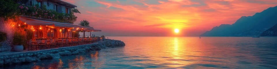 Sunset over the Mediterranean Sea at a Lakeside Restaurant