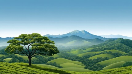 Obraz premium Serene landscape featuring lush green hills, a solitary tree, and distant mountains under a clear sky