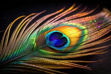 Fototapeta premium Dreamlike macro reveals a surreal peacock feather's intricate beauty, isolated against a black backdrop.
