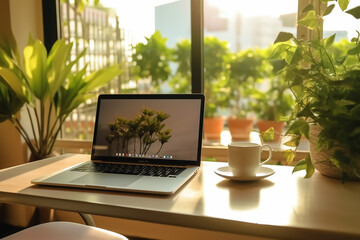 Fototapeta premium Minimal laptop lying on the table with beautiful nature outside Tablet with its keyboard, ready for input in a cafe setting