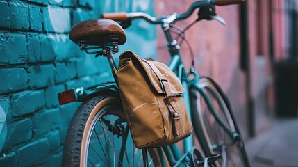 A commuter bicycle with a messenger bag hanging on the frame, set against an urban backdrop.