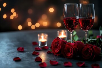 Valentine's day romantic table setting with red roses and wine intimate dinner atmosphere cozy indoor setting soft lighting for a memorable evening