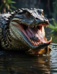 Obraz premium A caiman's powerful jaws are visible as it holds onto its freshly caught fish, eat, prey, wildlife