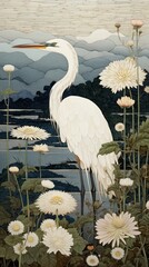 Traditional japanese stunning heron painting animal plant.