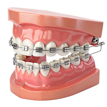 Dentition with self ligating steel dental braces on transparent background, Braces 3d illustration,  Fake Teeth Set With Braces