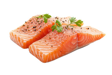 Fresh salmon fillets, herbs, pepper, white background