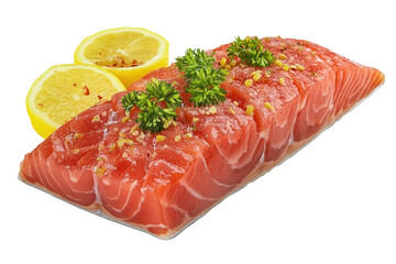 Raw salmon fillet, lemon, spices, studio shot, food recipe
