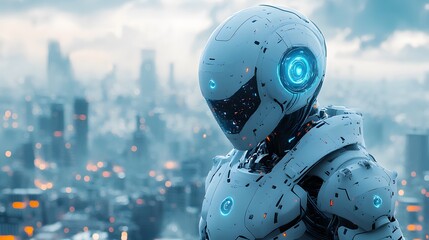Digital art of a humanoid robot with glowing blue accents, standing in a tech-inspired cityscape