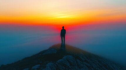 Silhouette person standing on mountain top with colorful sunset