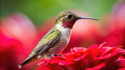 A close-up shot of a delicate hummingbird perched on a bright red flower petal, bird photography, insects