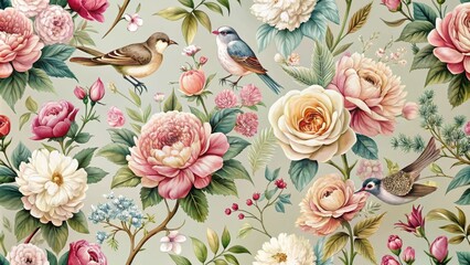 Elegant Floral and Avian Seamless Pattern Design Featuring Delicate Roses, Peonies, and Three Exquisite Birds