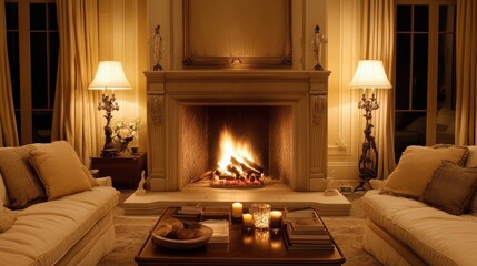 Fototapeta premium A cozy living room with a warm fire glowing in a sleek, modern fireplace.