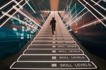 Hyper-realistic artistic concepts showcasing holographic interfaces, dynamic skill enhancement visuals, and futuristic workspaces for self-improvement and innovation