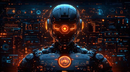 Futuristic digital banner with an AI-driven interface featuring icons, tech-related visual assets, and robot elements