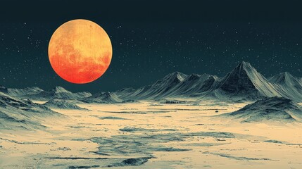 Surreal landscape under a glowing red moon, showcasing distant mountains and a starry sky