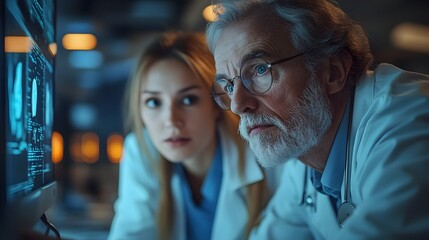 A medical team reviewing AI-generated data on patient scans to discuss treatment plans in a hospital setting