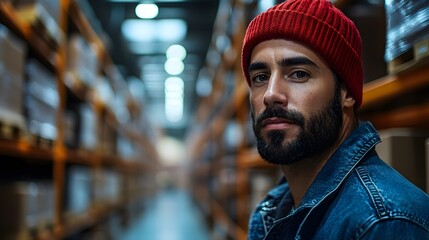 A warehouse worker using AI-assisted inventory management software to organize shipments in a distribution center