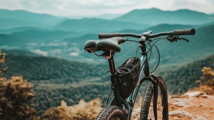 Fototapeta premium A modern bicycle with a small tool pouch hanging under the seat, placed on a mountain trail.