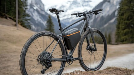 A modern bicycle with a small tool pouch hanging under the seat, placed on a mountain trail.