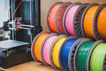 Brightly colored filament spools arranged neatly next to a printer