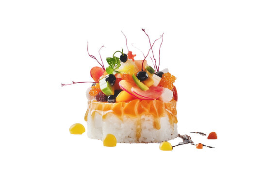 Naklejki Gourmet sushi, studio shot, seafood, garnish, white background, food photography