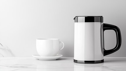 Fototapeta premium White ceramic cup with saucer and electric kettle on white marble surface
