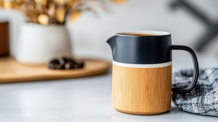 Stylish wooden and black ceramic pitcher on modern kitchen countertop