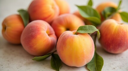 Pile of Ripe Peaches on Wooden Table, Soft Glowing Light, Warm Peach Colors, Bokeh Background, Close-Up View, Soft Focus, Still Life, Studio Shot, Golden Hour Effect