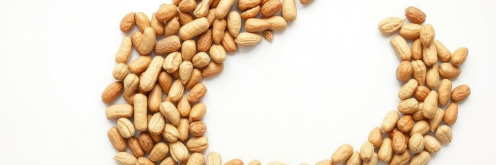 Obraz premium A compact and symmetrical mound of roasted peanuts in a circular shape on a white surface, nuts, food