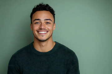 Fototapeta premium A young man with curly hair smiles brightly in front of a green backdrop.