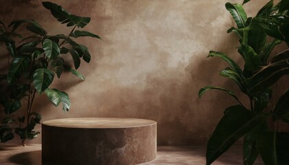 Pedestal of platform display with brown modern stand podium on Mocha Mousse color room background. Blank Exhibition stage backdrop or empty product shelf