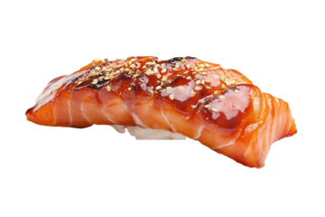 Grilled salmon nigiri, studio shot, white background, food photography