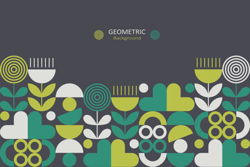 Geometric patterns of abstract shapes such as circles, half-circles, lines, and leaf-like forms. The shades are green, teal, yellow, black, and white. The design is minimalistic and nature-inspired.