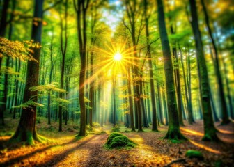 Fototapeta premium High-resolution 8k AI art depicts a sun-dappled miniature forest, yellow-green leaves in a fantasy setting.