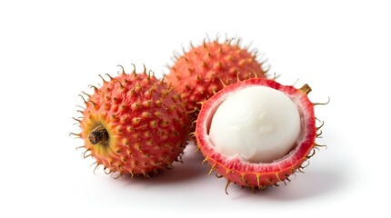 Three Vibrant Rambutans, Spiked Red Skins, Translucent White Flesh, One Cut Open, Close-Up Still Life, White Background, Studio Lighting, Natural Food, Focus on Textures, High Definition Shot.