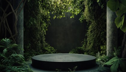 Podium in tropical forest for product presentation and green background, Pedestal display with modern stand podium, Blank Exhibition stage backdrop or empty product shelf