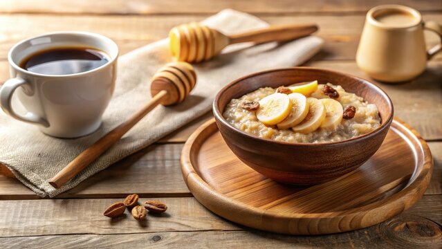 Morning Meal Creamy Oatmeal with Sliced Fruit and Nuts Served with Coffee