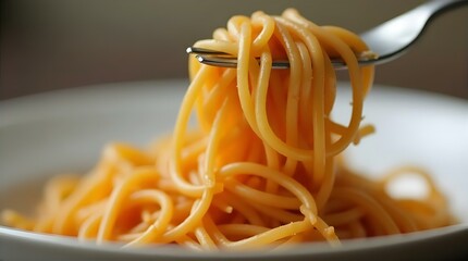 Golden Spaghetti Twirl on a Fork, Illuminated with Warm Light,  Close Up,  Studio Lighting,  Food, Dinner,  Pasta,  Sauce,  Plated,  Background,  Dining