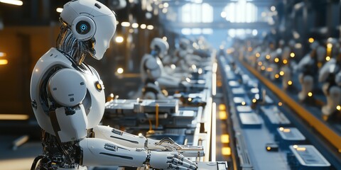 Fototapeta premium A Futuristic Factory Featuring Robotic Automation and Cutting-Edge Technology to Optimize Production and Enhance Efficiency in Manufacturing Operations