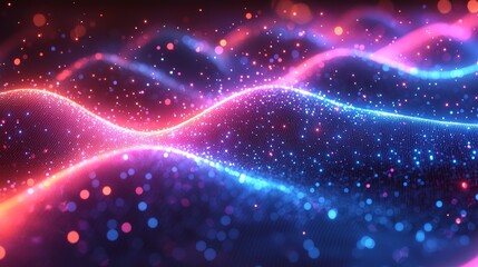 Abstract pink blue energy waves, glowing particles background. Use website header, video game background