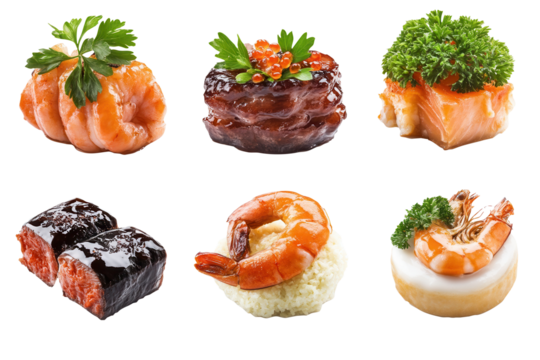 Gourmet seafood appetizers, studio shot, white background, catering menu