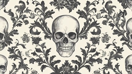 Fototapeta premium Elegant Skull and Floral Damask Wallpaper Design