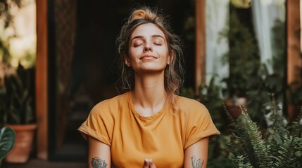 A young woman in a cozy garden upper body sits calmly with her eyes closed, embracing peace and focusing on her well-being through meditation