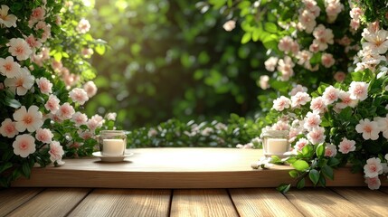 Serene Garden: Pink Roses and Candles on Wooden Table. Peaceful Nature Photography, Floral Bloom, Summer Aesthetic.