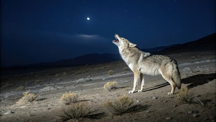 A lone gray wolf howls at the moon, its voice echoing through the desolate landscape as it establishes its territory, howling, gray wolf, arctic fox