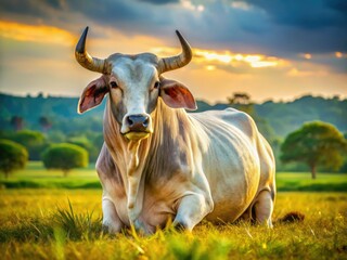Kneeling Brahma bull: a powerful, sacred image showcasing majestic Indian cattle.
