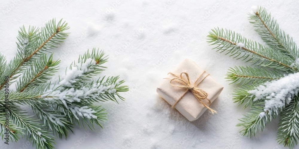 Poster a snow-covered winter scene featuring a small gift wrapped in rustic paper and tied with twine, nest