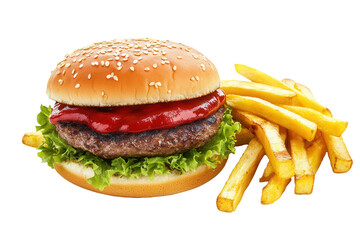 Juicy burger, fries, white background, fast food