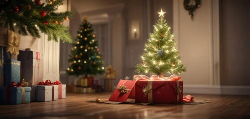 A magical Christmas scene featuring a beautifully decorated tree with a shining star emerging from an open gift box placed at its base, gift wrapping, star