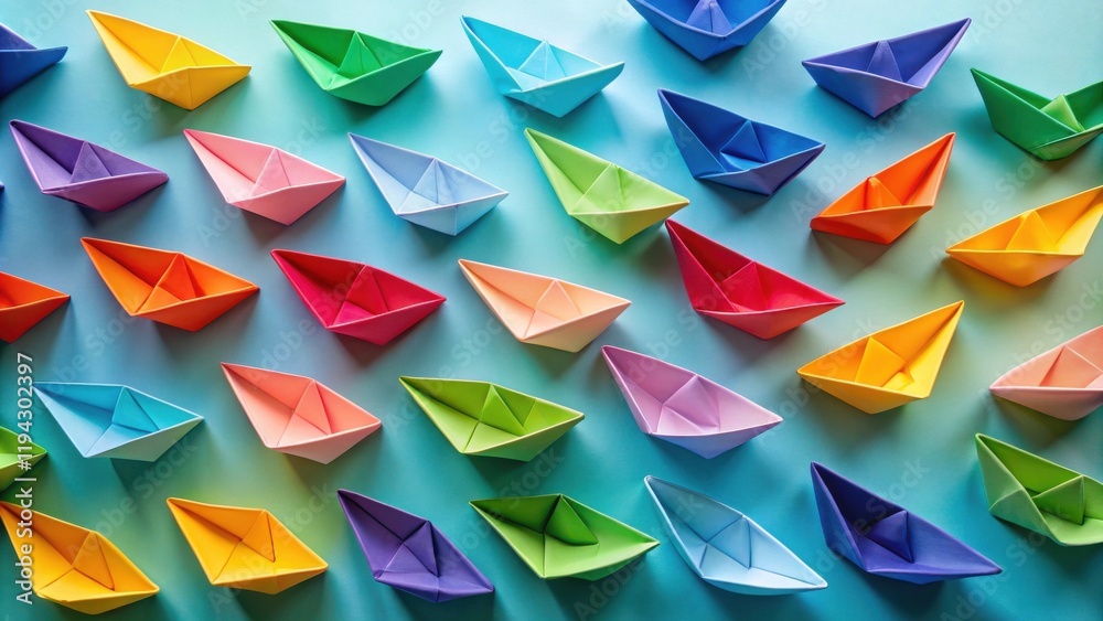 Poster a vibrant collection of colorful origami paper boats arranged in a playful pattern on a serene blue 